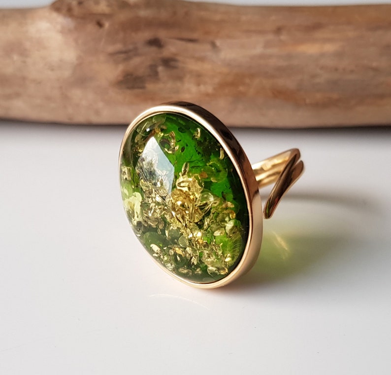 Gold-plated ring with shiny green Baltic amber, Statement amber ring, Vibrant green amber ring, Green Baltic amber jewelry with glitters image 2