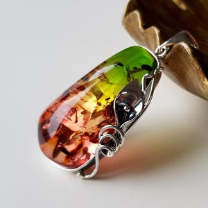 Extraordinary, pink-green Baltic amber pendant, Huge amber and sterling silver pendant, Baltic amber jewelry, Green-pink amber stone pendant