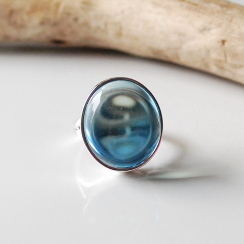 Blue transparent Baltic amber ring, Sterlig silver and blue amber ring, Adjustable amber ring, Blue shops Baltic amber, Amber jewelry