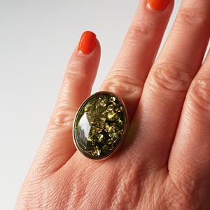 Gold-plated ring with shiny green Baltic amber, Statement amber ring, Vibrant green amber ring, Green Baltic amber jewelry with glitters image 6