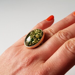 Gold-plated ring with shiny green Baltic amber, Statement amber ring, Vibrant green amber ring, Green Baltic amber jewelry with glitters image 5