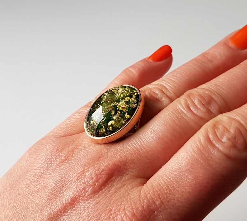 Gold-plated ring with shiny green Baltic amber, Statement amber ring, Vibrant green amber ring, Green Baltic amber jewelry with glitters image 5
