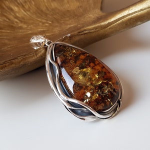 Large amber pendant, Natural, golden amber and sterling silver pendant, Shiny Baltic amber pendant, Amber jewelry