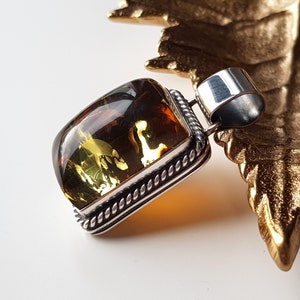 Unique Baltic amber pendant, Large amber and sterling silver pendant, Amber pendant with sparkles, Shiny brown amber pendant, Amber gift