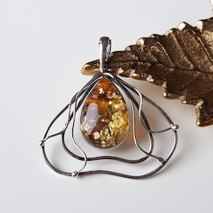 Artistic, green-gold Baltic amber pendant, Large amber sterling silver pendant, Baltic amber jewelry, Amber gift, Natural amber jewellery