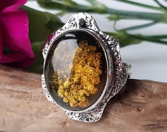 Shiny Baltic amber ring, Green amber and silver adjustable ring, Amber ring with sparkles, Green amber ring with sparkles, Amber jewelry