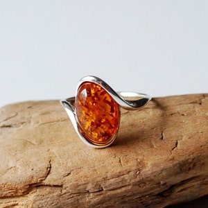 Dainty Baltic Amber and Sterling Silver Ring, Natural Cognac Amber