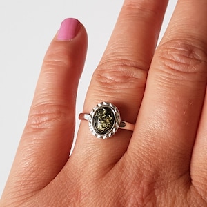 Small Green Amber Ring, Delicate Amber Ring, Amber And Sterling Silver Ring, Baltic Amber Jewelry, Amber Gift For Her, Ring With Green Amber
