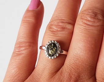 Small Green Amber Ring, Delicate Amber Ring, Amber And Sterling Silver Ring, Baltic Amber Jewelry, Amber Gift For Her, Ring With Green Amber