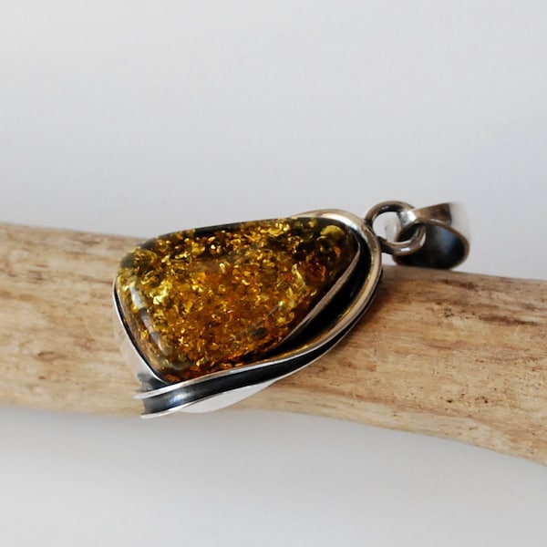 Natural Baltic amber pendant, Green amber sterling silver pendant, Genuine Baltic amber jewelry, Amber gift for her, Natural Amber Pendant
