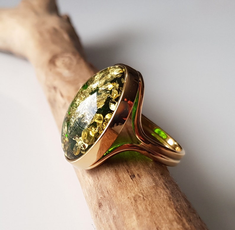 Gold-plated ring with shiny green Baltic amber, Statement amber ring, Vibrant green amber ring, Green Baltic amber jewelry with glitters image 3