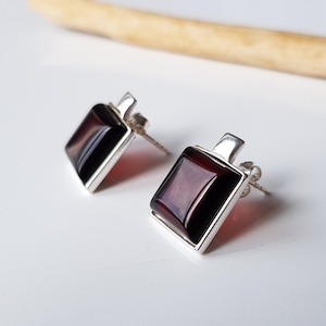 Natural, cherry Baltic amber square earrings, Ruby amber earrings, Genuine amber stud earrings, Amber and silver jewellery, Amber gift