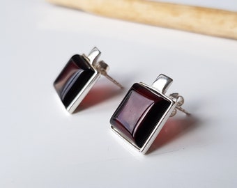 Natural, cherry Baltic amber square earrings, Ruby amber earrings, Genuine amber stud earrings, Amber and silver jewellery, Amber gift