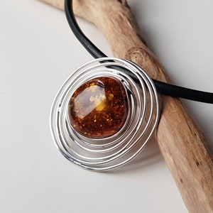 Huge, round Baltic amber pendant, Natural amber and sterling silver pendant, Hand crafted Baltic amber jewelry, Large shiny amber pendant