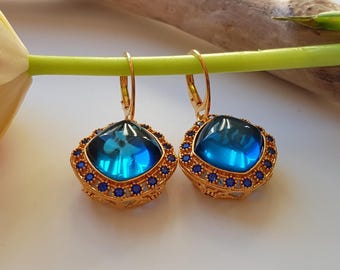 Orecchini Pendenti In Ambra Blu, Blu Scuro, Argento Placcato Oro, Chiusura A Levetta, 43x15 Mm, Amber By Mazukna