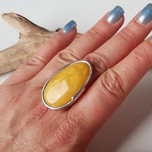 Huge, butterscotch Baltic amber ring, Yellow amber ring, Natural amber and silver ring, Baltic amber jewelry, Ring with egg yolk amber