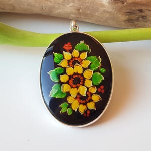 Large Baltic amber intaglio sunflower pendant, Natural amber, sterling silver cameo pendant, Colorful amber pendant with carved sunflower