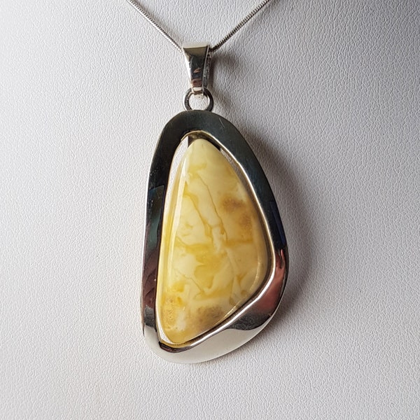 Large, White-Yellow Baltic Amber Pendant, Natural Amber Pendant, Untreated Amber Pendant, Milky Amber Sterling Silver Pendant, Amber Jewelry