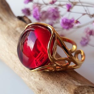 Bague en ambre rouge, bague réglable en ambre de la Baltique et argent plaqué or, bijoux en ambre véritable de couleur rouge rubis