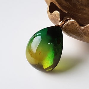 Large Baltic amber pendant, Cloudy green amber and gold-plated silver pendant, Massive amber stone pendant with a cloud inside, Green amber