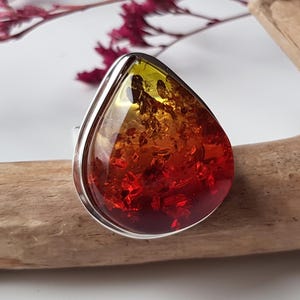 Stunning, red-green Baltic amber ring with sparkles, Adjustable amber and sterling silver ring, Unique amber ring, Statement ring with amber