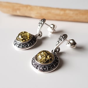 Green Baltic Amber Round Earrings, Amber Dangle Earrings, Natural Amber Modern Earrings, Green Amber Sterling Silver Earrings, Amber Gift