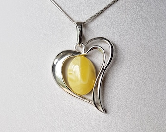 Baltic amber and silver heart pendant, Natural Baltic amber and silver heart, Egg-yolk amber heart, Amber heart, Valentine's day gift