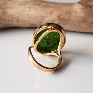 Gold-plated ring with shiny green Baltic amber, Statement amber ring, Vibrant green amber ring, Green Baltic amber jewelry with glitters image 9