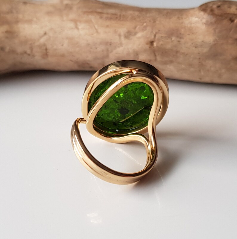 Gold-plated ring with shiny green Baltic amber, Statement amber ring, Vibrant green amber ring, Green Baltic amber jewelry with glitters image 9