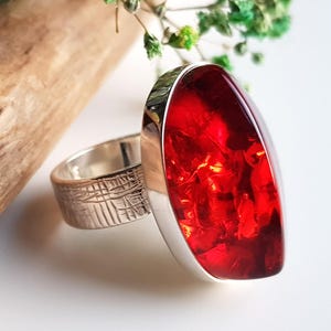 Könnte beinhalten: Ein Silberring mit einem großen, ovalen, tiefroten, durchscheinenden Stein in einer glatten Fassung. Die Ringschiene weist eine texturierte Kreuzschraffur auf, die einen Kontrast zur polierten Metallfassung und dem leuchtenden, roten Edelstein bildet.