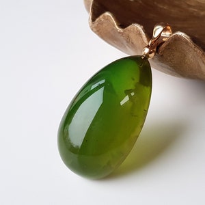 Massive Baltic amber pendant, Dark green amber and gold-plated silver pendant, Genuine amber stone pendant with a cloud inside, Green amber