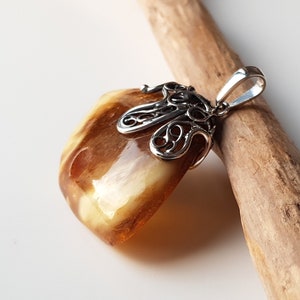 Pendentif Ambre Naturel Baltique - Perle Ronde, Argent 925, Blanc/gris, Lituanie