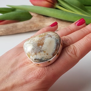 29,8 g Anillo de ámbar báltico único, Anillo de ámbar exclusivo, Anillo de ámbar blanco-beige, Anillo de ámbar macizo, Anillo enorme de ámbar y plata de ley