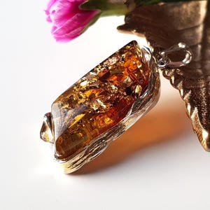 Exquisite Baltic amber pendant, Golden amber, sterling silver and gold-plated silver pendant, Amber jewelry, Shiny amber pendant