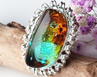 Exquisite, blue-brown Baltic amber ring, Amber and sterling silver adjustable ring in blue color with inclusions
