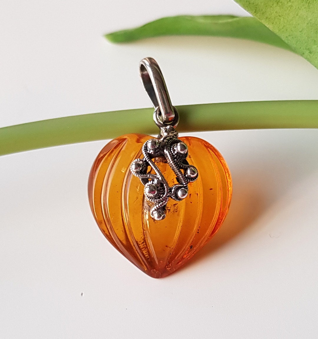 Golden Amber Heart Pendant, Grooved Amber Heart, Amber Pendant ...