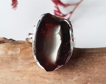 Natural, black and white Baltic amber and sterling silver ring, Amber adjustable ring for women