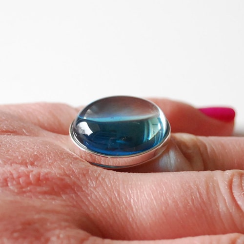 Blue transparent Baltic amber ring, Sterlig silver and blue amber ring, Adjustable amber ring, Blue shops Baltic amber, Amber jewelry