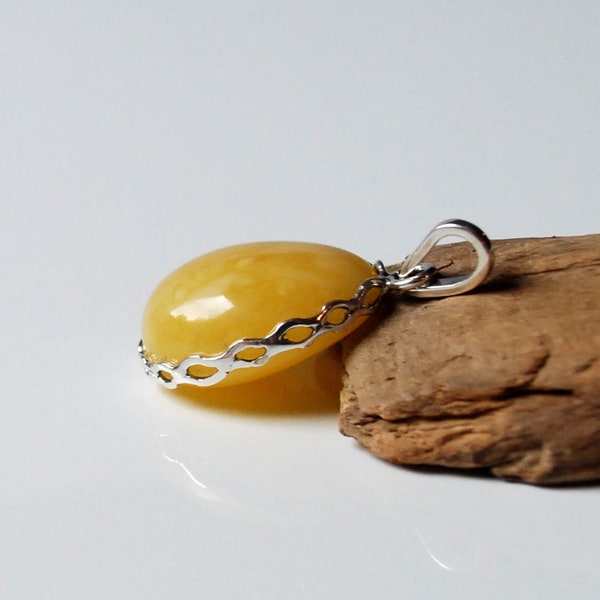 Natural Baltic amber pendant, Yellow amber pendant, Amber and sterling silver pendant, Egg-yolk amber pendant, Natural amber stone