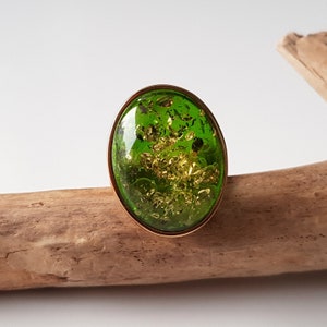 Gold-plated ring with shiny green Baltic amber, Statement amber ring, Vibrant green amber ring, Green Baltic amber jewelry with glitters image 8