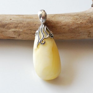 White Baltic Amber Drop Pendant, Natural Amber and Sterling Silver