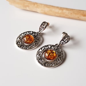 Cognac Baltic Amber Earrings, Round Amber Screw Back Earrings, Amber Modern Earrings, Amber And Sterling Silver Earrings, Cognac Amber