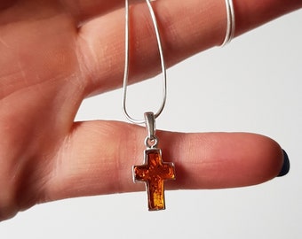 Sterling Silver 925 Baltic Amber Cross Pendant for Necklace Jewelry Cognac