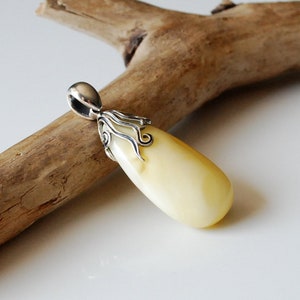 White Baltic Amber Drop Pendant, Natural Amber and Sterling Silver