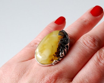 Yellow Baltic Amber Ring, Untreated Amber Ring, Amber And Sterling Silver Adjustable Ring, Baltic Amber Jewelry, Natural Amber Jewellery