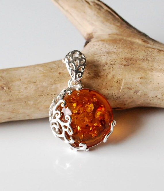 Collana Con Ciondolo In Ambra Baltica Naturale E Argento Sterling 925 - Lunghezza Regolabile