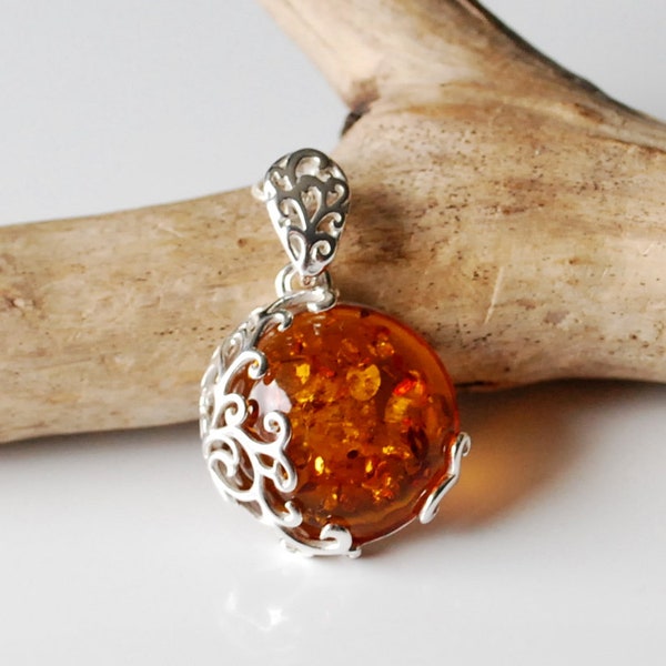 Cognac Baltic amber necklace, Beautiful amber and sterling silver pendant, Natural golden amber pendant, Amber jewellery, Amber drop pendant
