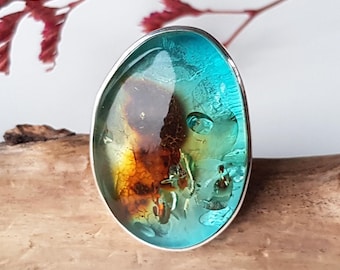 Large, blue azure amber and sterling silver ring, Natural Baltic amber jewelry in unique color