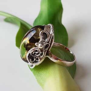 Romantic Baltic amber ring, Large amber and sterling silver ring, Statement ring, Amber ring