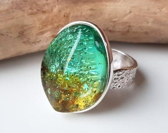 Blue turquoise Baltic amber ring, Genuine amber and 925 sterling silver adjustable  ring